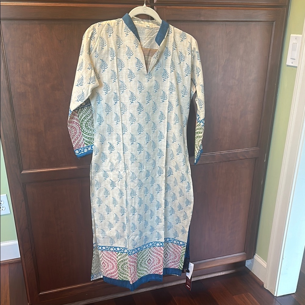 Khadi Blue motif Kurta with 3/4 Sleeves, with FabIndia salvar pants and scarf